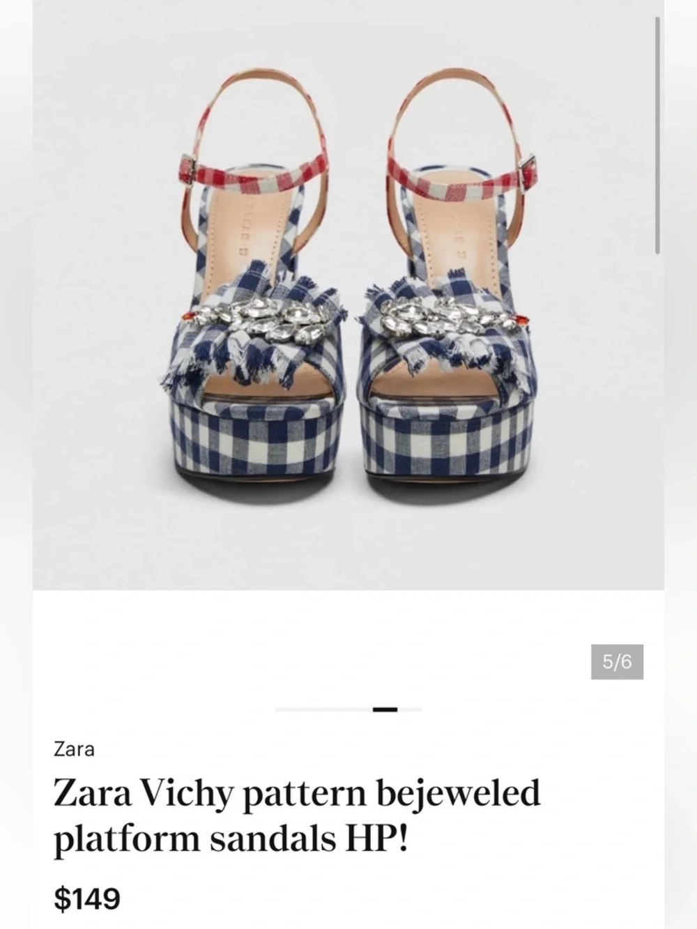 Zara Blue Red White Bejeweled Country 4th of July Gingham Platform Heels Size 38